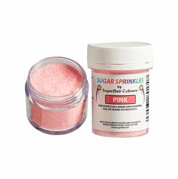 A small jar of vibrant pink sugar sprinkles by Sugarflair Colours, ideal for adding textured edible decoration to baked goods and desserts.