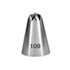 "A stainless steel piping nozzle with a conical shape, featuring a small opening at the top and the number &
