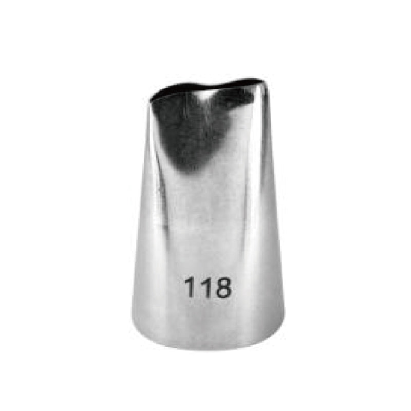 A metal piping nozzle with a tapered shape, featuring the number "118" printed on its side. The nozzle is shiny and has an open top with a slight curve at the edge.