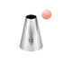 A stainless steel piping nozzle with a conical shape, labeled with the number "12" on its side. Next to it, there is a small, round, pink icing tip. The background is plain white.
