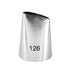 A metallic piping nozzle with a slightly angled opening, featuring the number "126" printed on its side. The nozzle has a shiny surface and a conical shape, tapering down to a broader base.