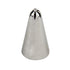 A stainless steel piping nozzle with a conical shape, featuring a pointed tip and a star-shaped opening at the top. The nozzle has a smooth surface and a metallic finish. It is designed for decorating cakes and pastries.