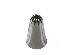 A stainless steel piping nozzle, shaped like a cone with a star-shaped opening at the top. The nozzle is used for decorating cakes and pastries.