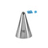 A stainless steel piping nozzle labeled "16" with a conical shape. Next to the nozzle, there are two examples of piping designs made with blue frosting: one resembling a wavy line and the other a small flower.