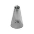 A stainless steel piping nozzle with a conical shape and an open tip featuring five small prongs at the top. The number "28" is printed on the side of the nozzle, indicating its size or model.