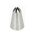 A stainless steel piping nozzle shaped like a cone with a pointed tip and a fluted opening at the top, designed for decorating cakes and pastries.