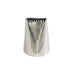 A stainless steel piping nozzle with a tapered shape and a serrated opening at the top, designed for decorating cakes and pastries.