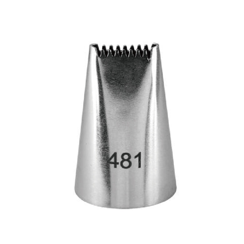 A metallic piping nozzle labeled &