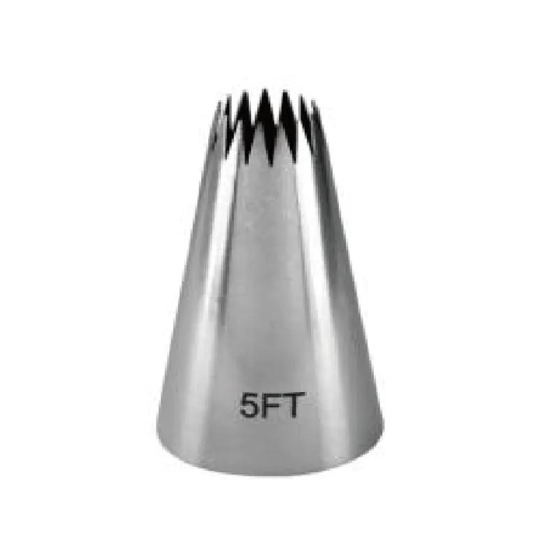 A stainless steel piping nozzle with a conical shape, featuring a jagged edge at the top. The nozzle is labeled with "5FT" on its side.