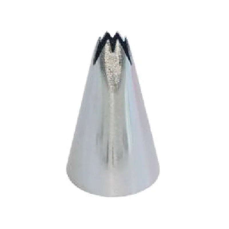 A piping nozzle, specifically model 71, is shown in the image. It is cone-shaped with a narrow opening at the top that features a star-like design, allowing for decorative piping of frosting or icing. The nozzle has a shiny metallic finish, and its tapered body leads down to a wider base.