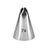 Animage of a piping nozzle made of shiny metal, shaped like a cone with a pointed tip. The nozzle features two slits at the top and has the number "74" printed on its side.