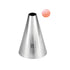 The image features a stainless steel piping nozzle shaped like a cone with a smooth surface. The nozzle is labeled with the number "8" on its side, indicating its size. Above the nozzle, there is a small pink icing dollop that resembles a decorative swirl, showcasing the type of work the nozzle can produce. The background is plain and white, emphasizing the nozzle and its capabilities.