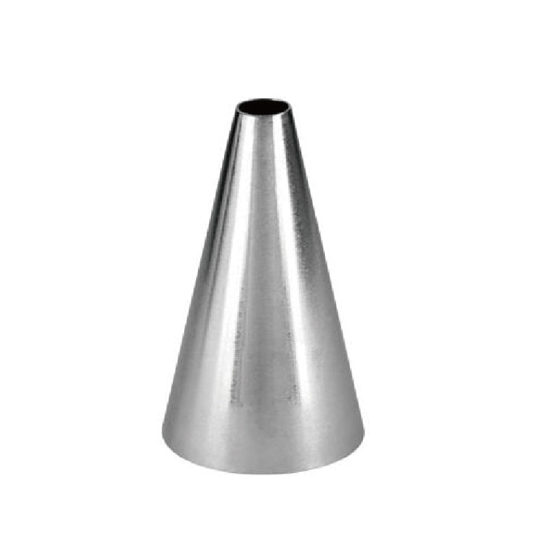 A metallic piping nozzle shaped like a cone, tapering to a narrow opening at the top. The surface is shiny and reflective, indicating it is made of stainless steel.