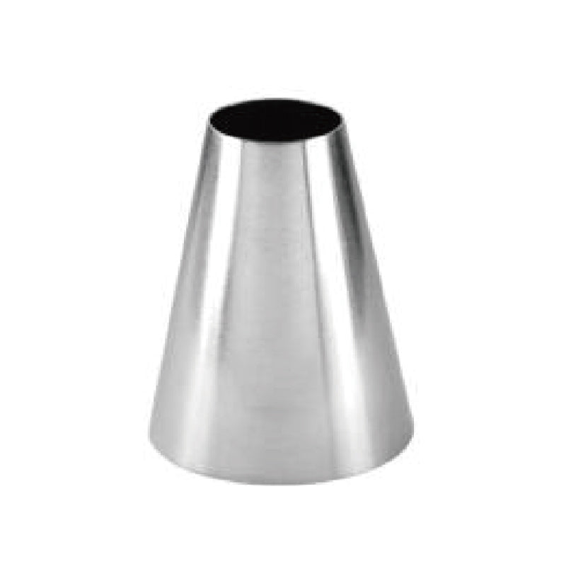A stainless steel piping nozzle with a conical shape, tapering from a wider base to a smaller opening at the top. The surface has a shiny finish, reflecting light, and the inside is black. This nozzle is typically used for cake decorating and piping frosting or icing.
