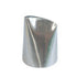 A stainless steel piping nozzle with a slanted opening at the top. The nozzle has a shiny, smooth surface and a conical shape, tapering down to a wider base. It is designed for decorating cakes and pastries.