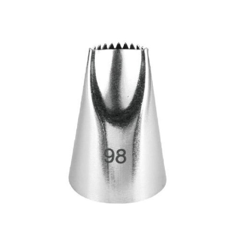 A stainless steel piping nozzle with a wide, cone-shaped body and a rounded top that has a serrated edge. The number "98" is displayed on the side of the nozzle.
