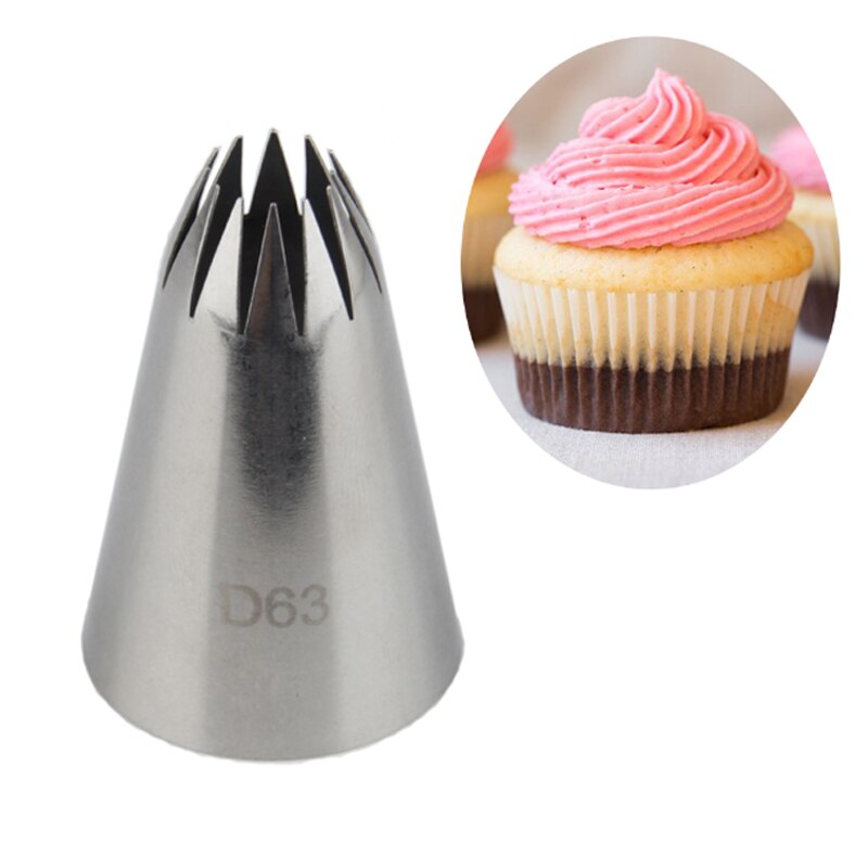 A silver metal piping nozzle labeled &quot;D63&quot; is shown on the left. It has a cone shape with a pointed top featuring several star-shaped openings. On the right, there is a circular image of a cupcake with a light brown base and a swirl of pink frosting on top.