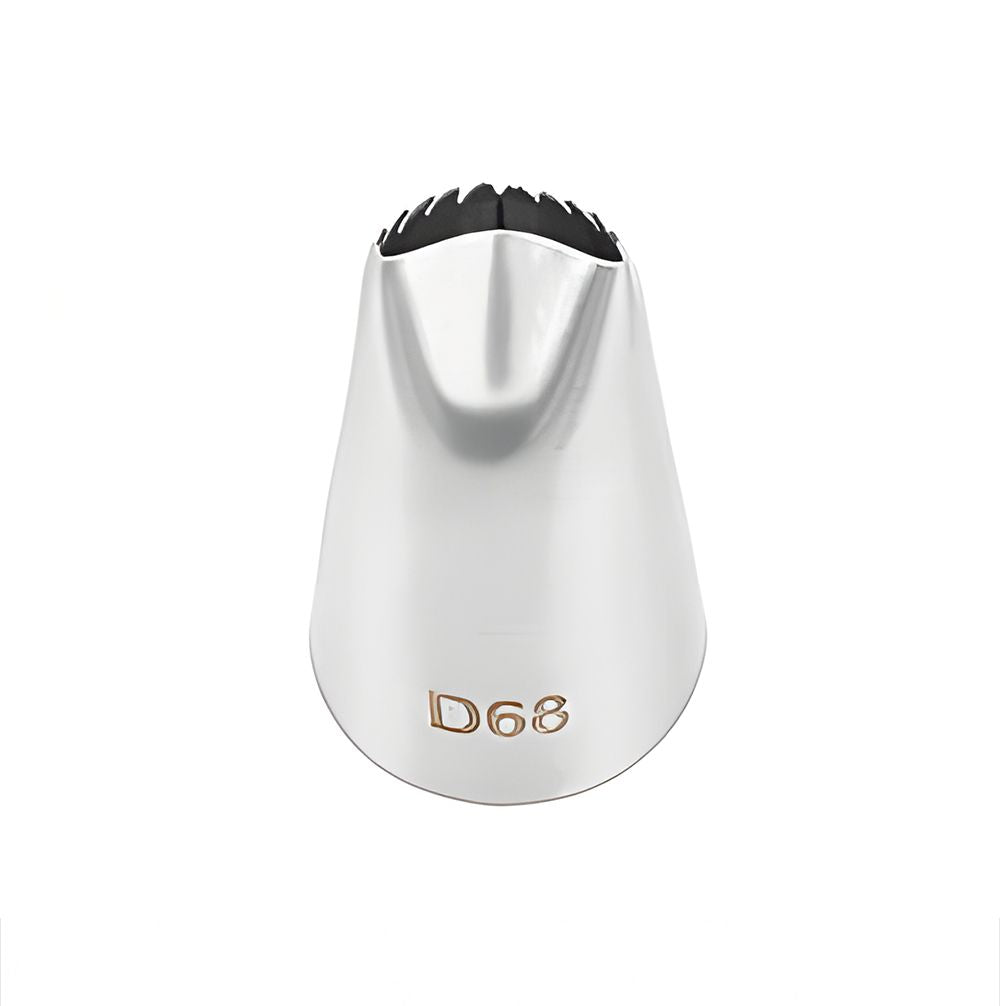 A silver metal piping nozzle with a jagged opening and marked "D68" in gold. The nozzle&