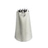A stainless steel piping nozzle, shaped like a tapered cone. The top features jagged edges, indicating a decorative design for icing or piping. The nozzle has a smooth metallic surface.
