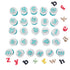 A set of 26 plunger cutters for lowercase alphabet letters arranged in a grid. Each cutter has a round base with a light blue top featuring the letter design. Several letters are shown in various colors placed around the cutters, including red, black, and gold.