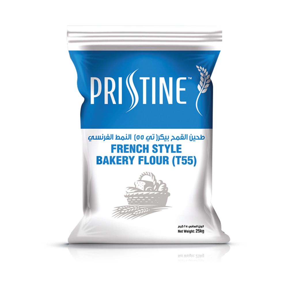 A white and blue bag of Pristine French Style Bakery Flour (T55) featuring a wheat and bread basket illustration. The bag holds 25 kg.