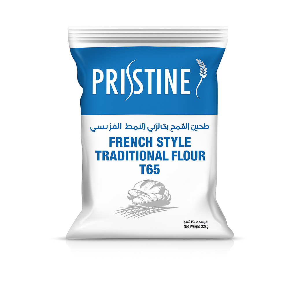 Bag of Pristine French Style Traditional Flour T65, featuring a blue and white design, and an illustration of bread on wheat. Weight: 22kg.