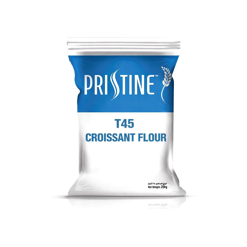 Close-up of pristine T45 croissant flour, emphasizing its purity and fine grain for perfect pastry making.