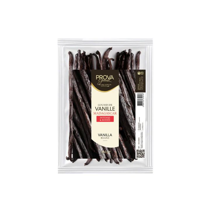 Packaged vanilla beans with Prova Vanilla label on a white background