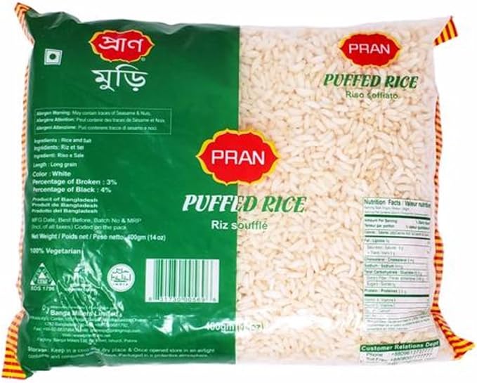 Packaged puffed rice with PRAN branding on a white background