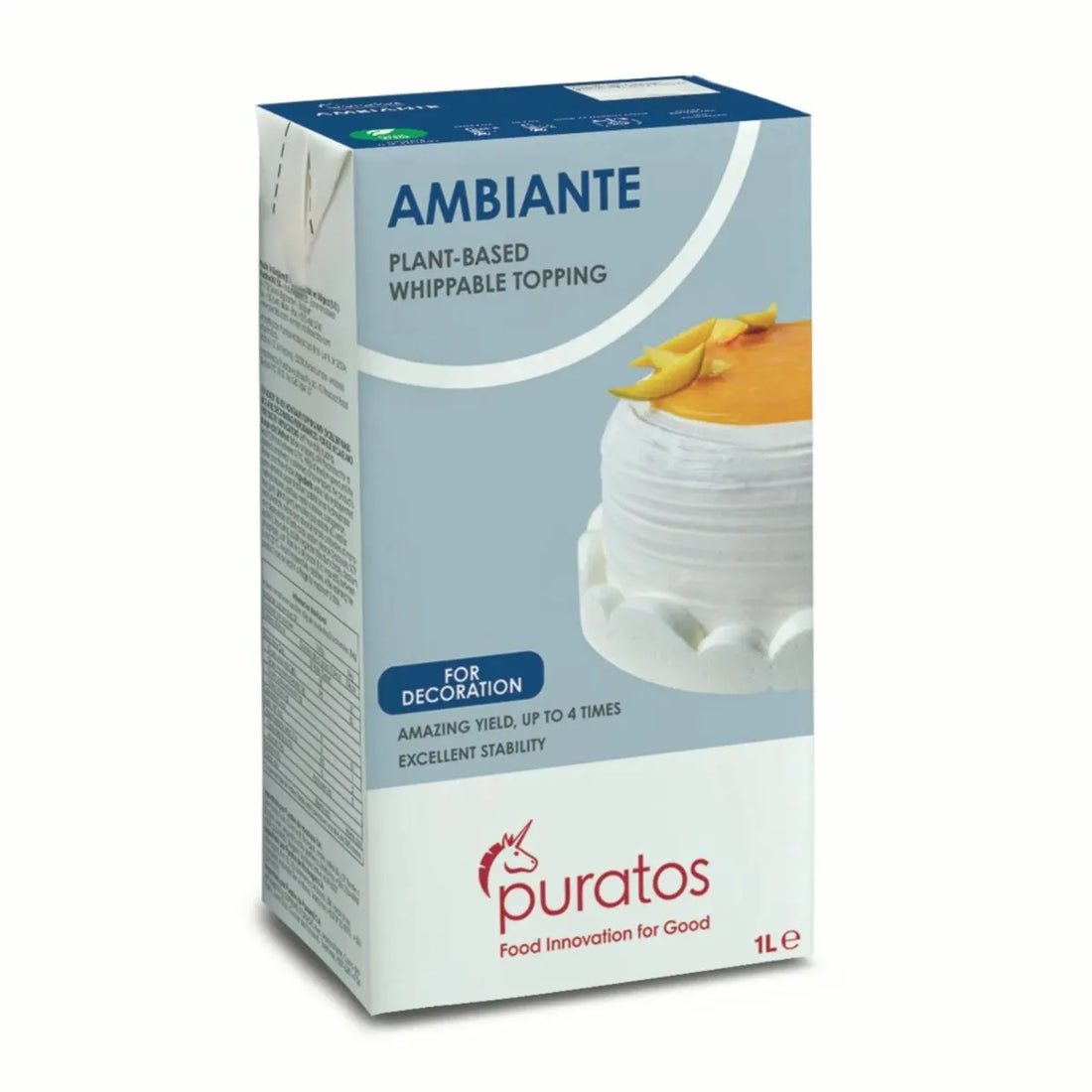 Box of Ambiante plant-based whippable topping by Puratos on a white background