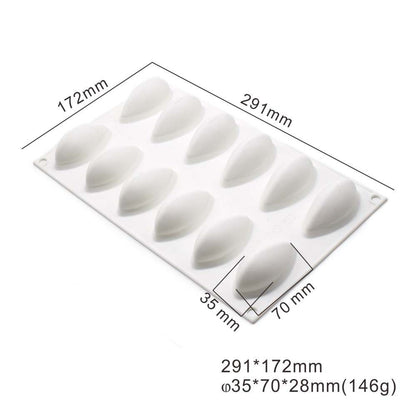 A white silicone mold designed for making quenelle-shaped desserts. The mold features twelve oval cavities arranged in two rows, with measurements indicated: the overall size is 291mm by 172mm, and each cavity measures 35mm by 70mm.