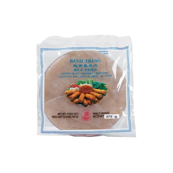 Front view of Bánh Tráng Rice Paper 375g packaging, featuring a vibrant image of spring rolls with fresh vegetables and dipping sauce, ideal for wraps.