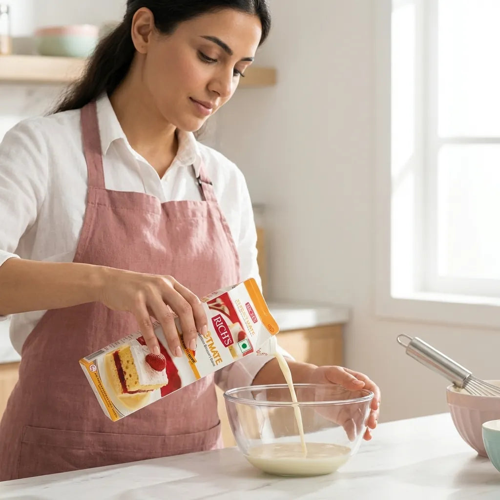 Woman in a kitchen pouring a box of Rich&