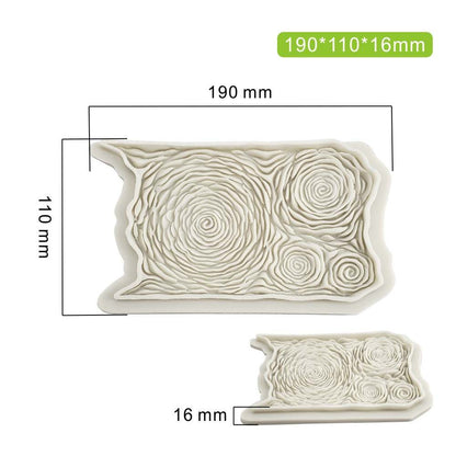 The image displays a rose flower silicone mold. The mold is rectangular with a textured design that resembles swirling roses. It has dimensions labeled as 190 mm in length, 110 mm in width, and 16 mm in height. There is a smaller version of the mold depicted beneath the larger one, with a height of 16 mm. The design features intricate details of rose shapes that would create a floral pattern when used for molding.