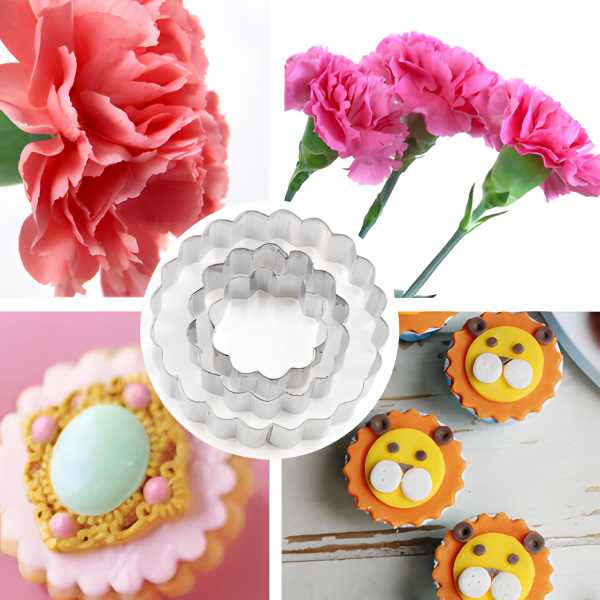 A collage image featuring a set of three round petal cutters in the center, surrounded by pink and red carnation flowers on the top and sides. In the bottom-left corner, there is a decorated cookie with a pastel-colored icing and embellishments. The bottom-right features two cookies designed as cartoon lions with eyes made from white candies.