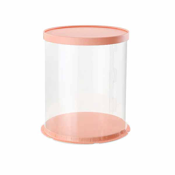 A round clear PVC cake box with a light pink base and lid. The box is tall, measuring 12 inches in diameter and 13 inches in height, designed for storing and displaying cakes. The walls are transparent, allowing visibility of the cake inside, while the pink lid provides a contrast and secure cover.