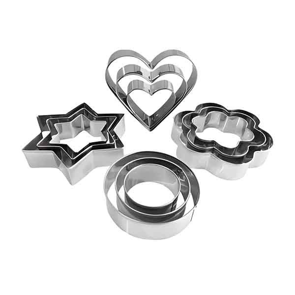 Four stainless steel cookie cutters are displayed: a star, a heart (both a larger and smaller version), a circular cutter, and a flower shape. The cookie cutters have a shiny metallic finish and are positioned to showcase their distinct shapes and sizes.