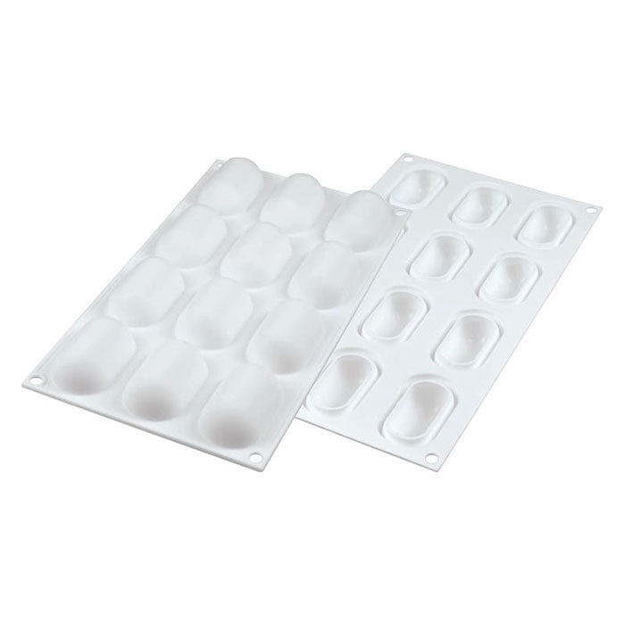 Two silicone moulds displayed together. Each mould contains 12 mini rounded oval cavities. The moulds are white with smooth surfaces and rounded edges, designed for baking or crafting purposes. There are holes at the corners for easy handling.