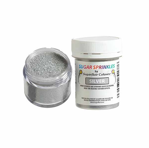 A jar of sparkling silver sugar sprinkles by Sugarflair Colours, designed for elegant and shimmering edible decorations.