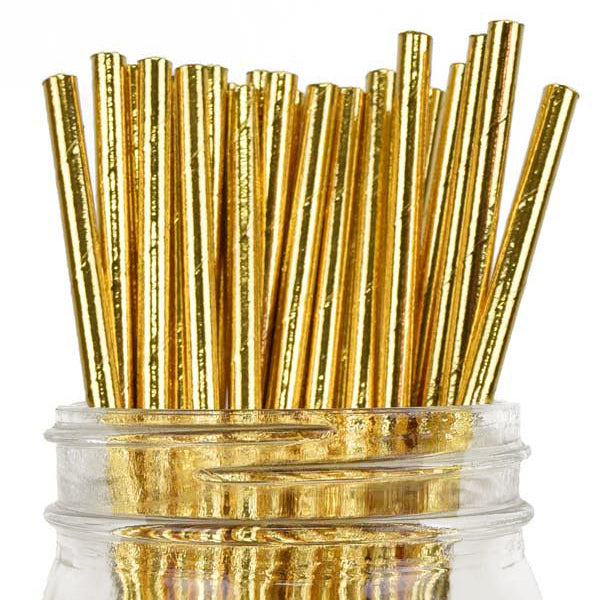 A clear jar filled with numerous gold paper straws, showing the straws standing upright. The surface of the straws has a shiny, metallic appearance.