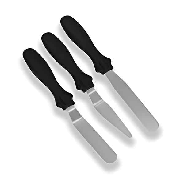 Three kitchen palette knives with black handles and stainless steel blades, arranged in a row. The knives vary in blade shape and size, with two having straight edges and one featuring a narrower blade. The background is plain white.