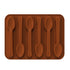A brown silicone mold shaped like six spoons, all arranged in a rectangular format. The spoons have a rounded bowl and elongated handle, designed for creating spoon-shaped treats or chocolates.