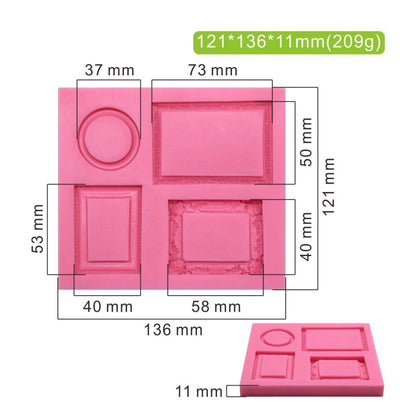 A pink silicone mold designed for creating square frames and a circular shape. The mold features several cavities with dimensions labeled: a circular cavity with a diameter of 37 mm, a rectangular frame of 73 mm by 50 mm, and various other shaped cavities, with the overall dimensions of the mold being 121 mm by 136 mm and a thickness of 11 mm. Each cavity has specific measurements indicated alongside them.