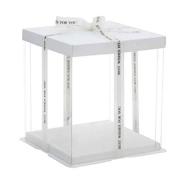 A square tall cake box in white, measuring 8 inches wide by 4 inches deep and 9 inches high. The box features transparent sides, a solid white top and bottom, and is tied with a decorative ribbon that has the text &quot;BEST WISHES FOR YOU.&quot; The design is elegant and suitable for presenting cakes or pastries.