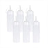Set of six white squeeze bottles with caps on a white background