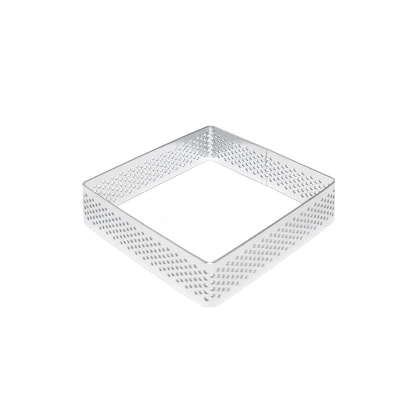Square metal baking ring with perforated sides on a white background. It has a sleek, modern design, ideal for even heat distribution in baking.