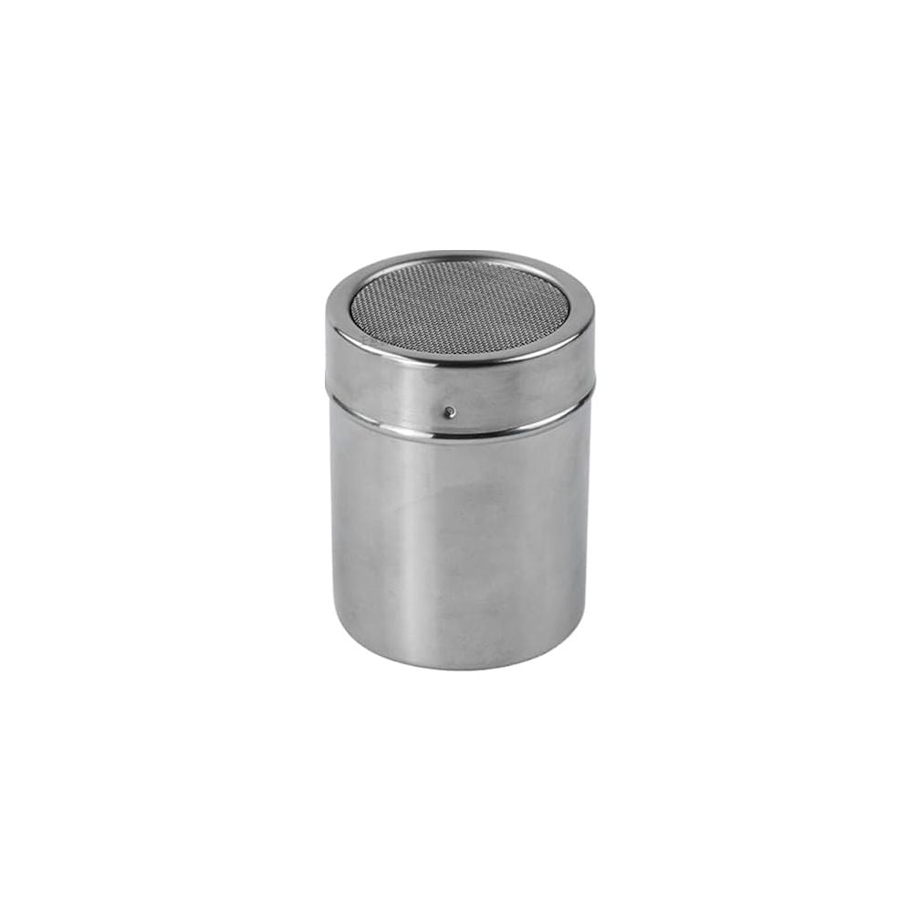 A stainless steel shaker with a fine mesh top, designed for evenly sprinkling powdered ingredients. The reflective surface conveys a clean, modern feel.