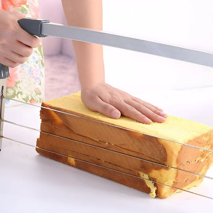 A person carefully cutting a piece of bread with a knife, showcasing the texture of the loaf.