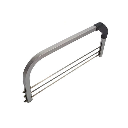 A sleek stainless steel towel bar with three parallel bars for organizing towels.