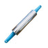 A stainless steel rolling pin with blue plastic handles on each end. The rolling pin has a shiny, smooth surface and is positioned horizontally.